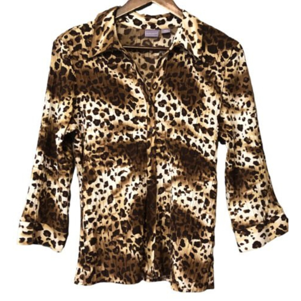 Laura Scott Womens  Leopard Print Collared Button Front Stretch  V Neck XL